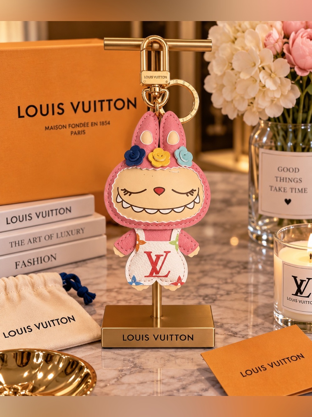 Pink Bunny Bag Charm with Multicolor Flower Accents